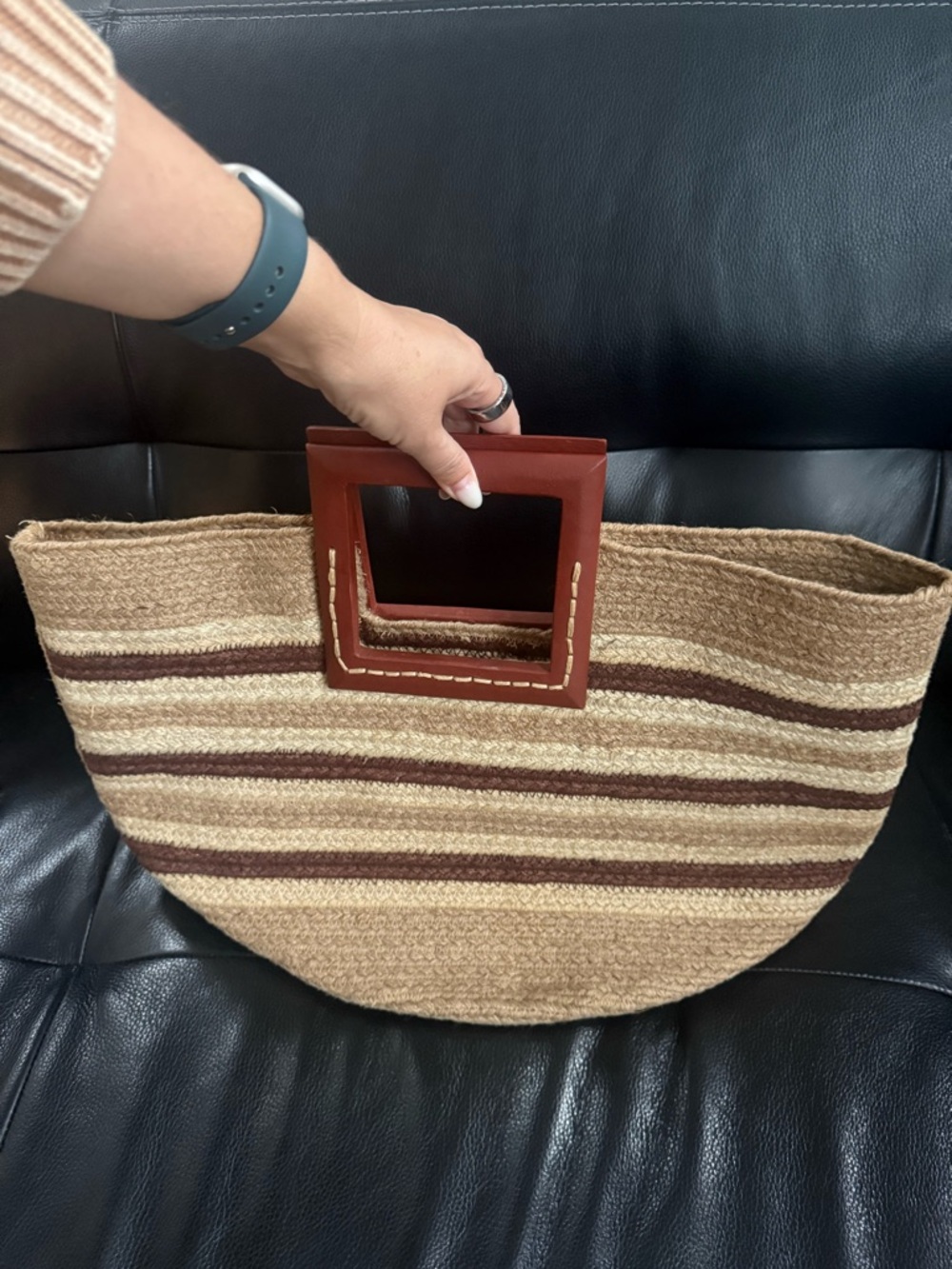 OLIVIA MILLER Women Atllas Woven Straw Tote Bag Brown Leather Square Handles - Picture 2 of 5